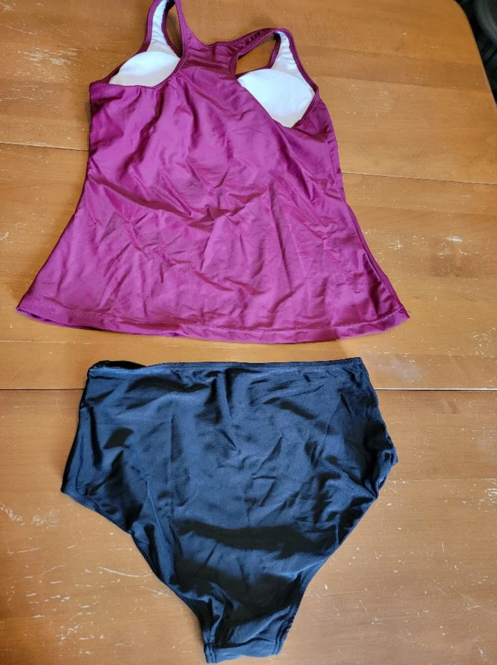 Magenta Racerback Tankini Top with Black High-Waist Bottoms - Picture 4 of 9